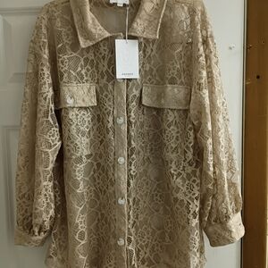 ANDREE BY UNIT Tan Lace Button Down Shirt